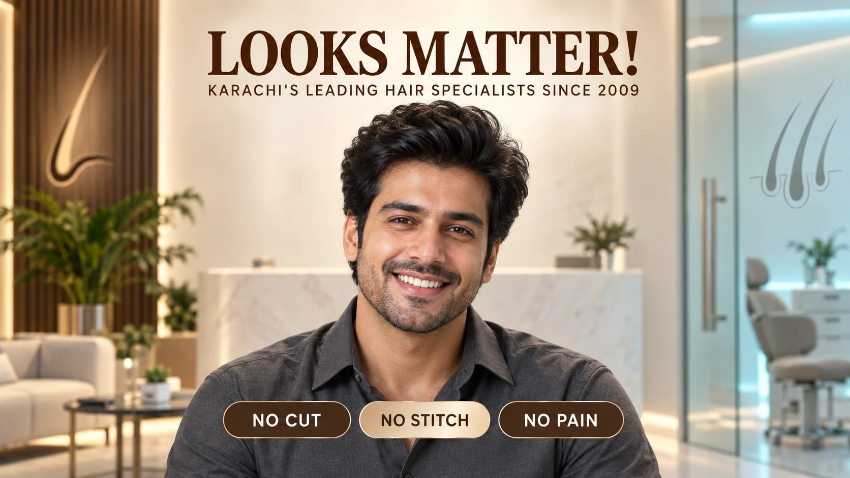 Smiling South Asian man with dense styled hair and NextHealth brand color ICE FUE treatment messaging
