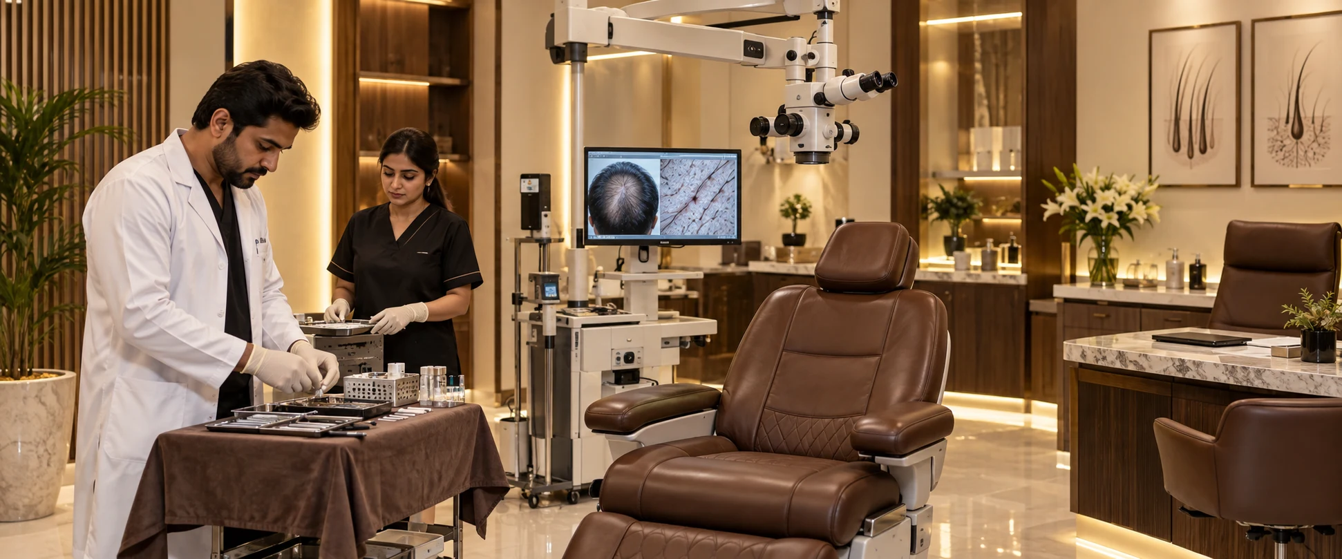 Clean hair transplant procedure planning room with brown furniture and medical equipment
