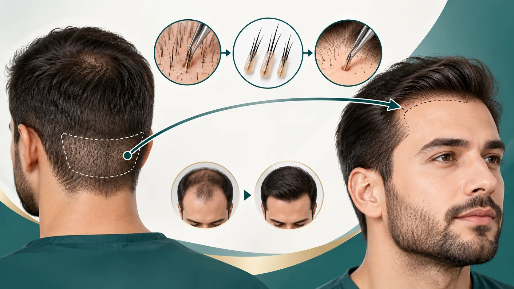 Medical illustration showing donor hair follicles transferred to the recipient hairline