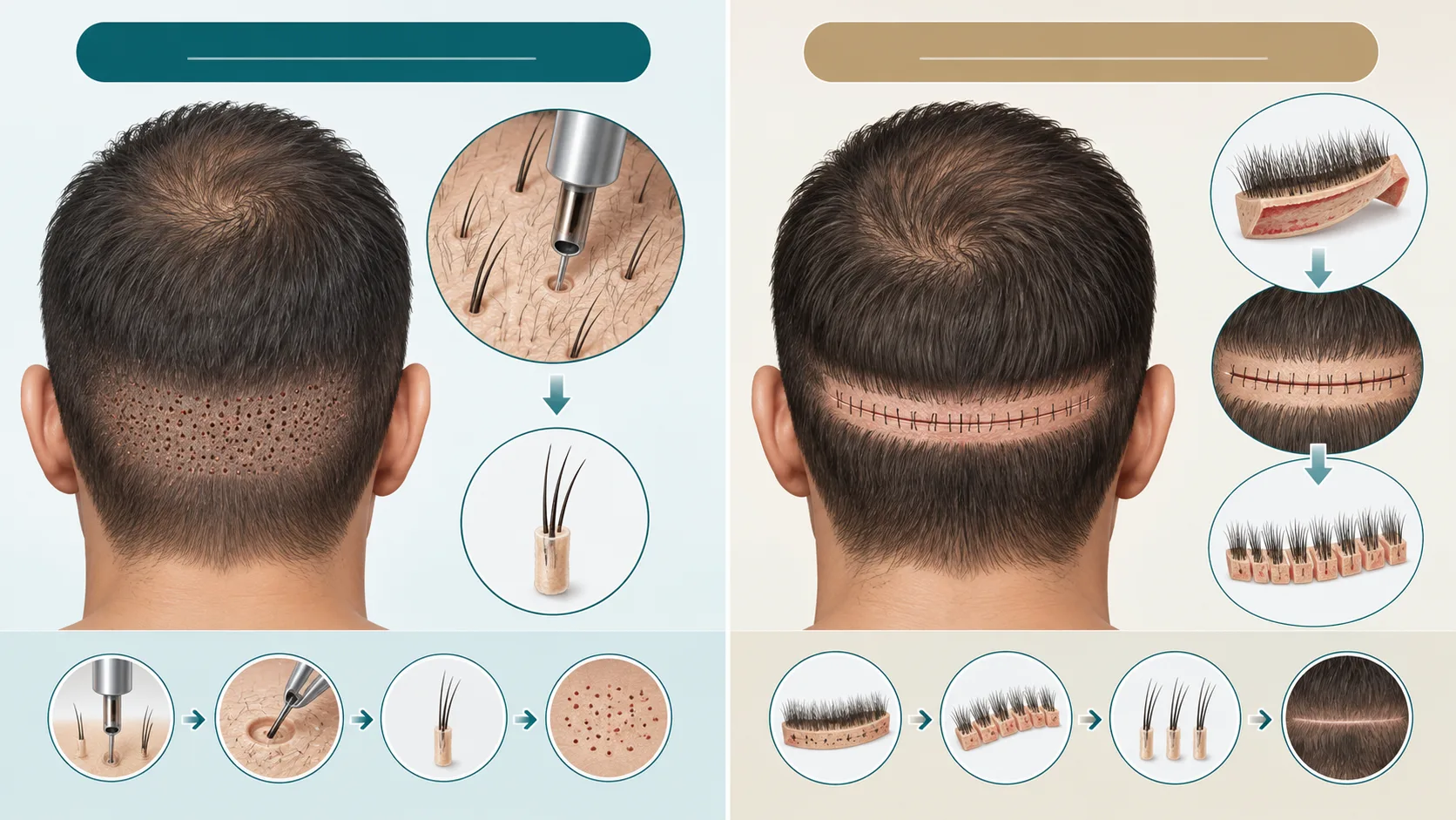 Clinical infographic comparing FUE and FUT hair transplant extraction methods