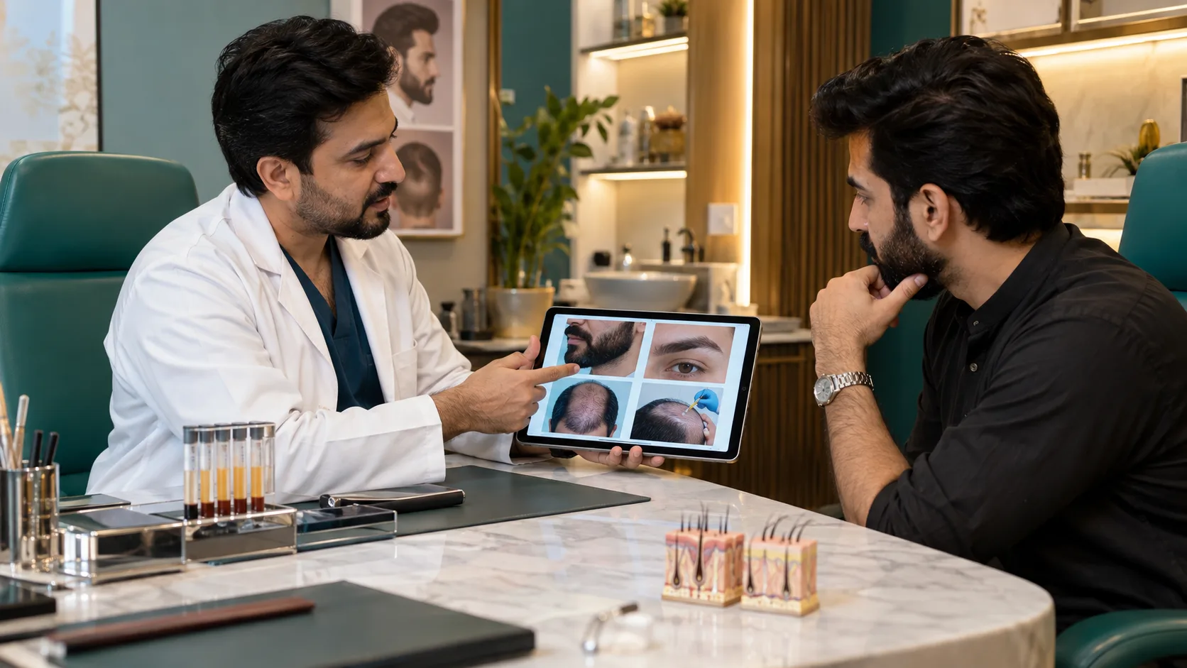 Pakistani doctor discussing scalp, beard, eyebrow and PRP hair restoration options with a patient