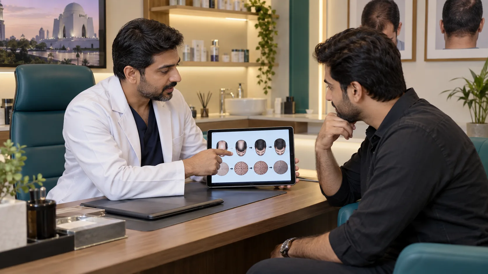 Pakistani doctor explaining hair transplant planning to a patient at NextHealth Karachi